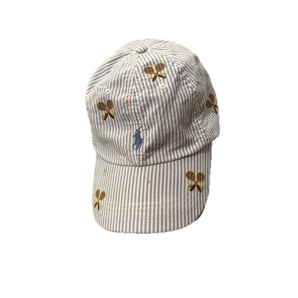 Polo Ralph Lauren Seersucker Tennis Racket Embroidered Hat Blue White Stripe